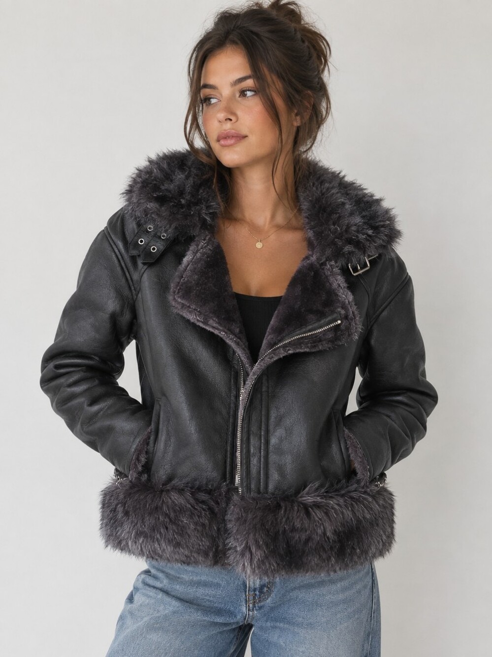 AFTF Basic Outerwear Black Faux Fur Biker Leather Style Jacket